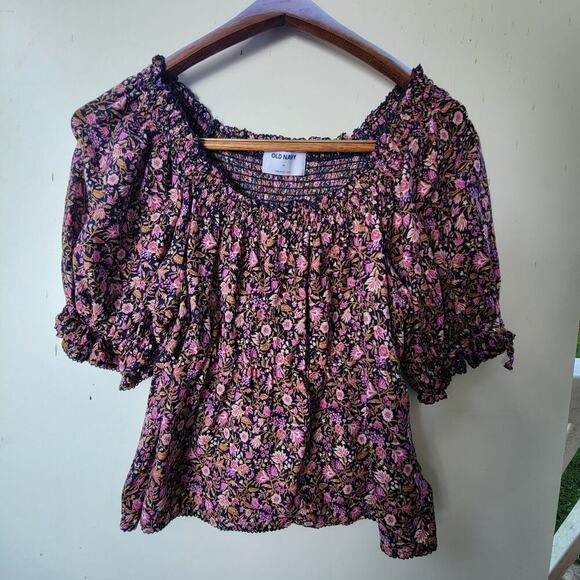 Old Navy Pink Floral Peasant Top Shirt Blouse Sz Medium Stretchy Light - Picture 1 of 8